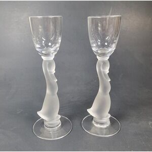 Heisey Glass 2 Frosted Goose Stem Wine Glass 1940's Heisey Animals & Figurines